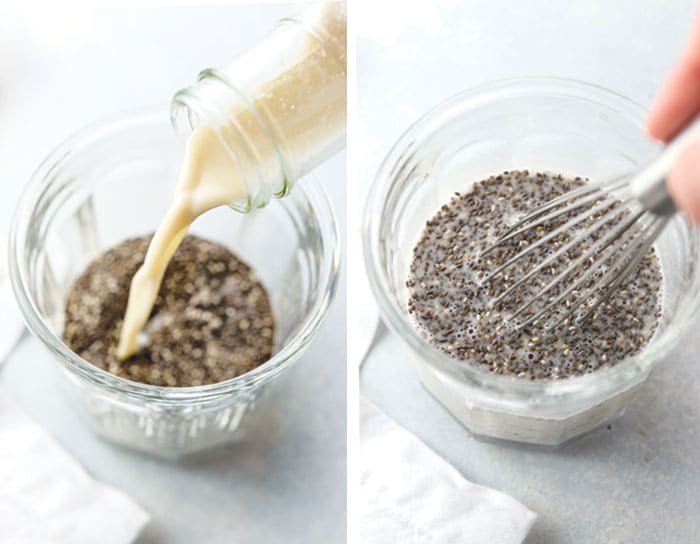 chia pudding steps to being made and whisking of the ingredients