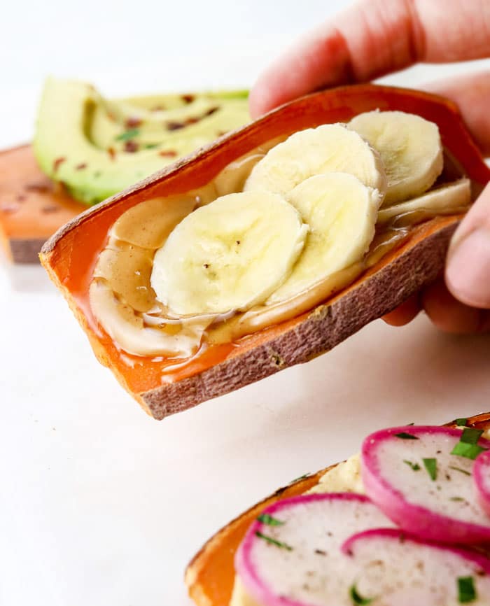sweet potato toast with almond butter and banana