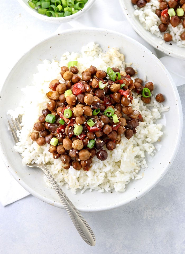 kung pao chickpeas over white rice