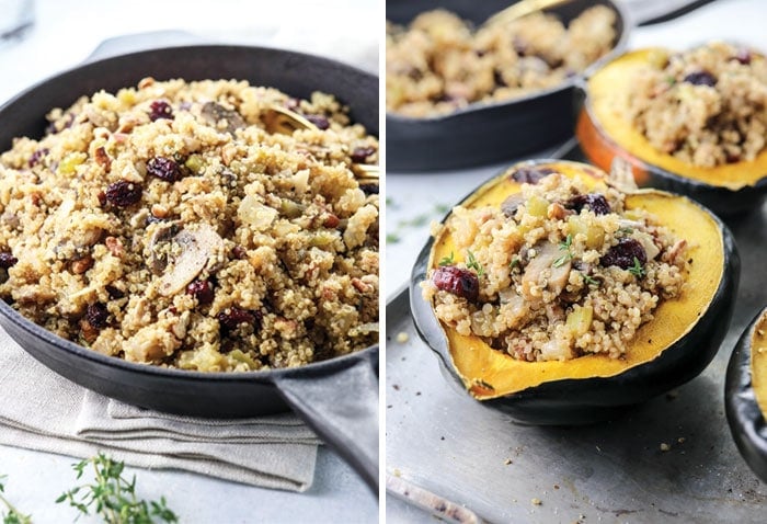 quinoa stuffing in roasted acorn squash for a vegan dinner