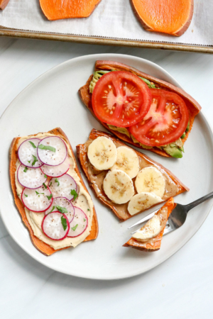 sweet potato toast sliced with fork.