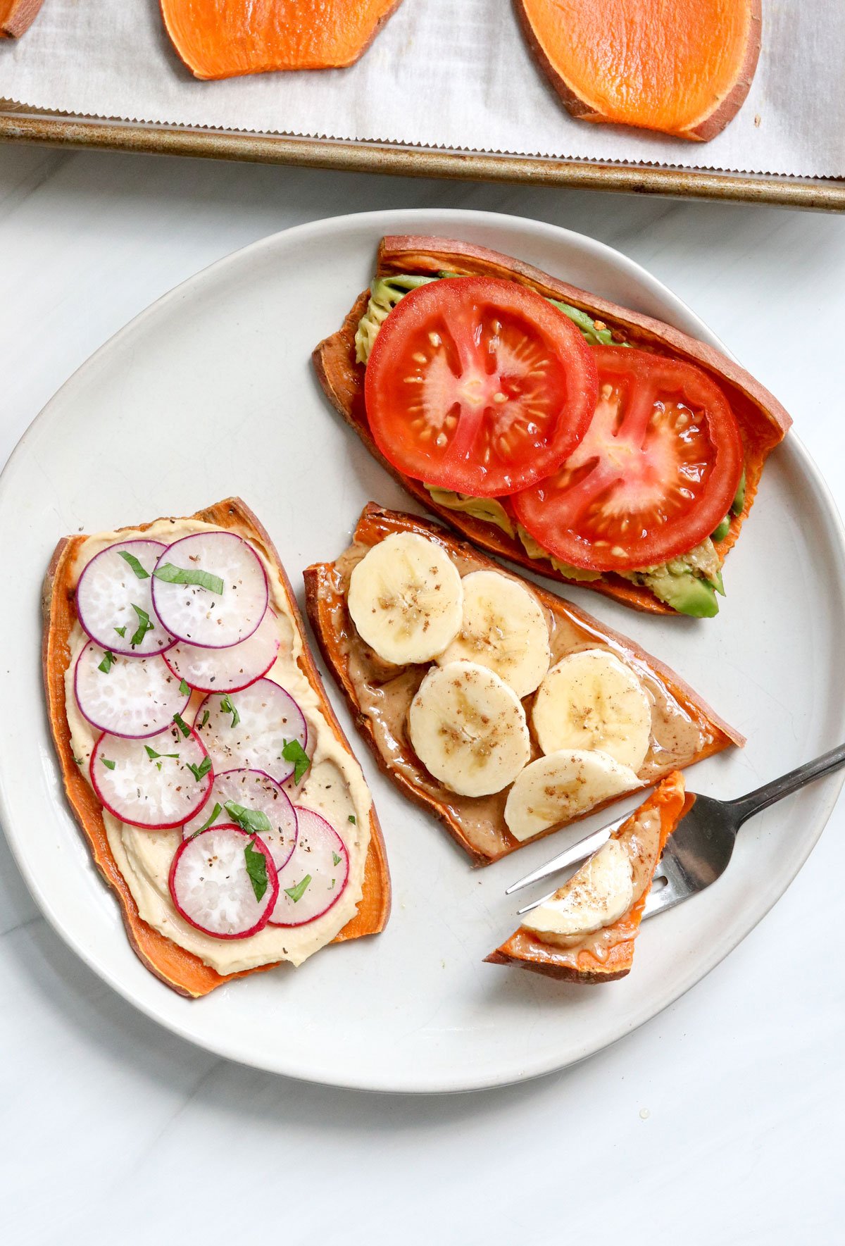 sweet potato toast sliced with fork.