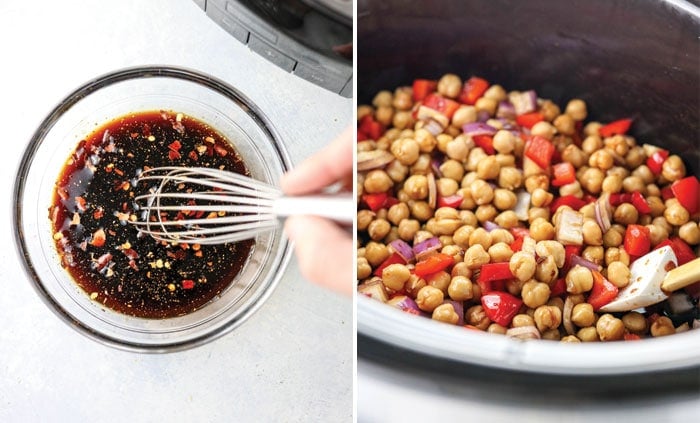 easy kung pao sauce over chickpeas in a slow cooker