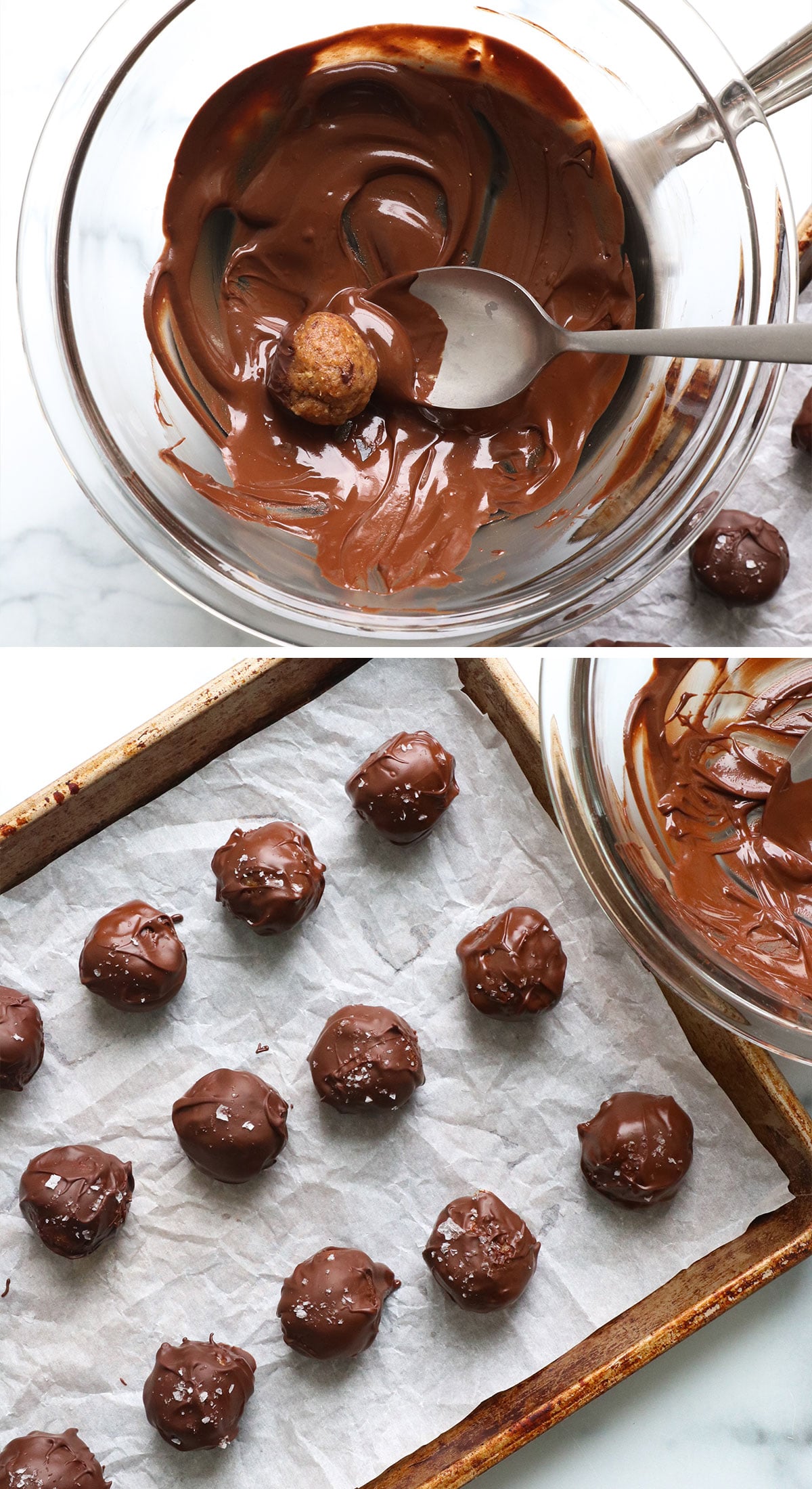 balls dipped in chocolate and arranged on a pan.