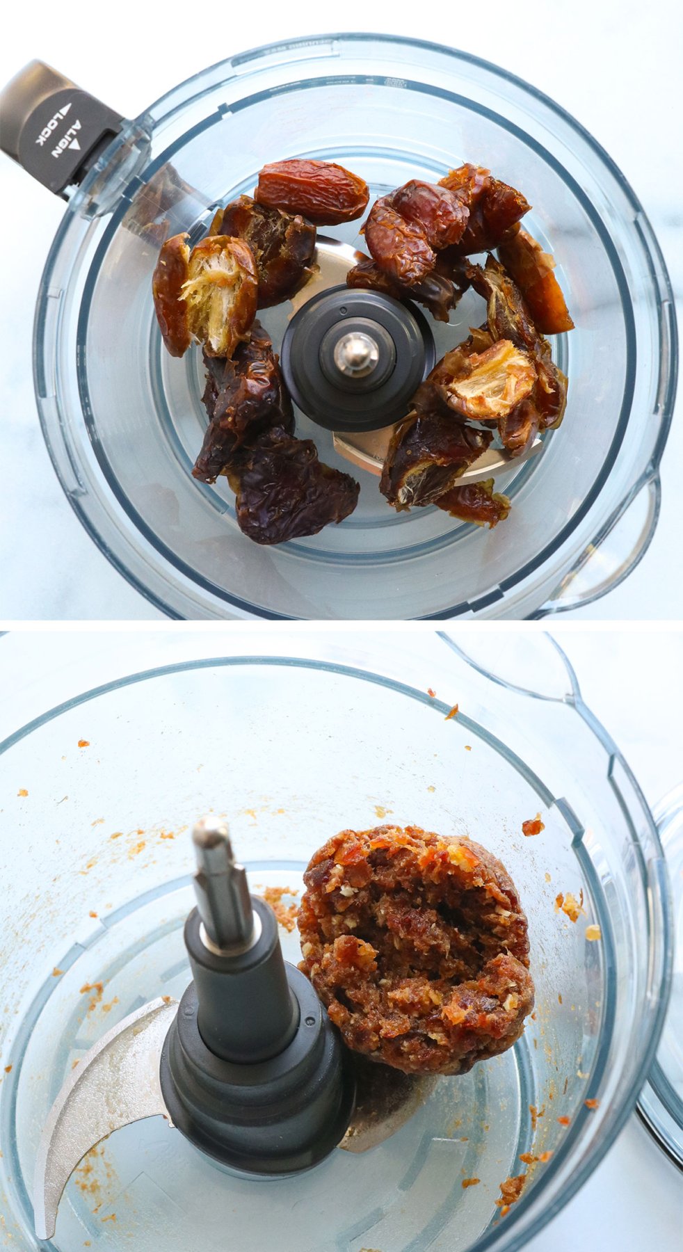 medjool dates before and after blending them in a food processor.