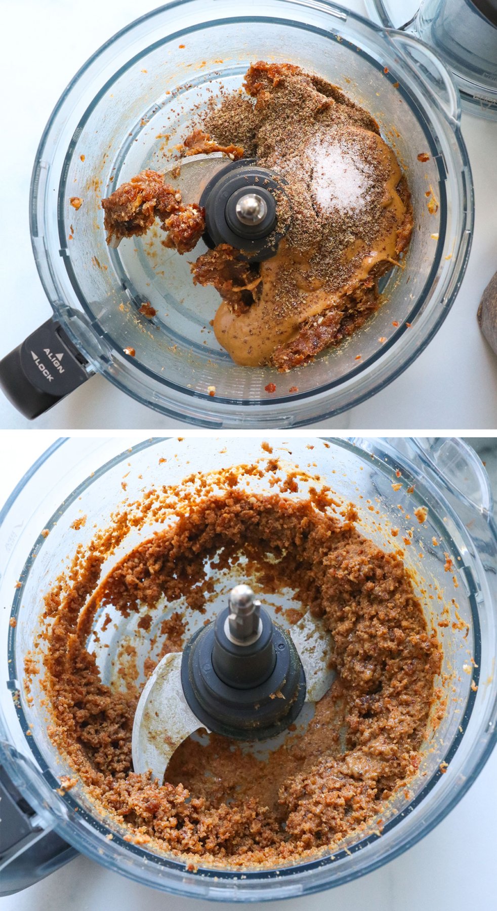 peanut butter, flax, and salt added to date mixture in the food processor.