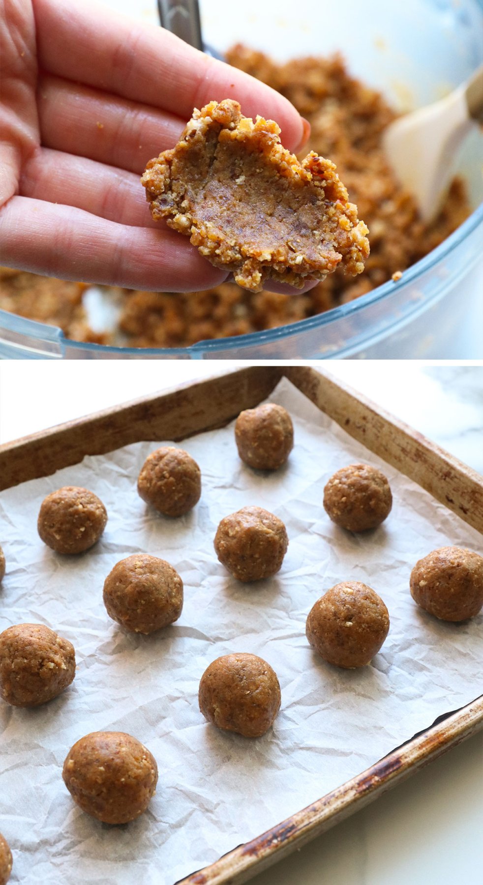 peanut butter crispy balls arranged on a parchment lined pan.