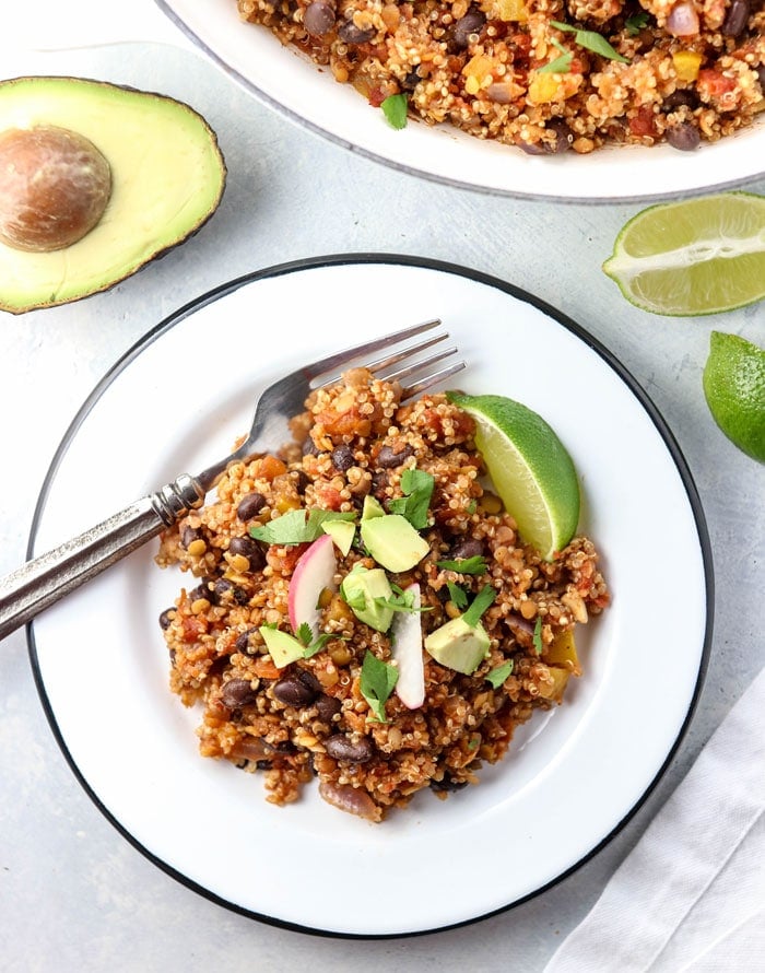 quinoa enchilada casserole with black beans and avocado