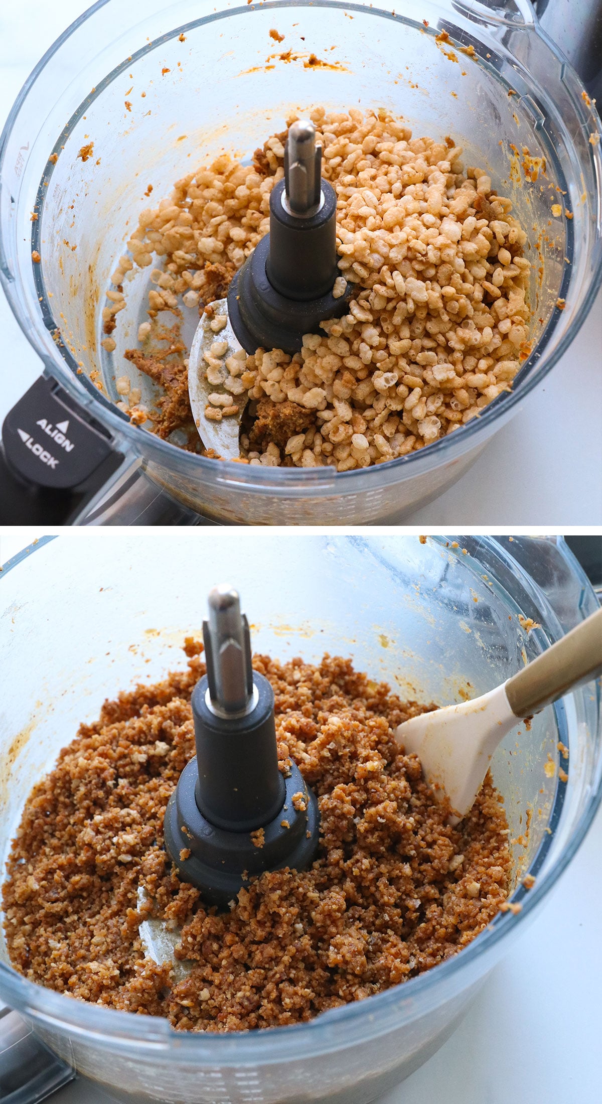 rice cereal added to peanut butter mixture in food processor.