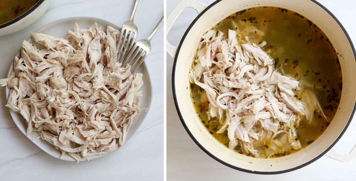 chicken shredded on plate and added to soup pot.