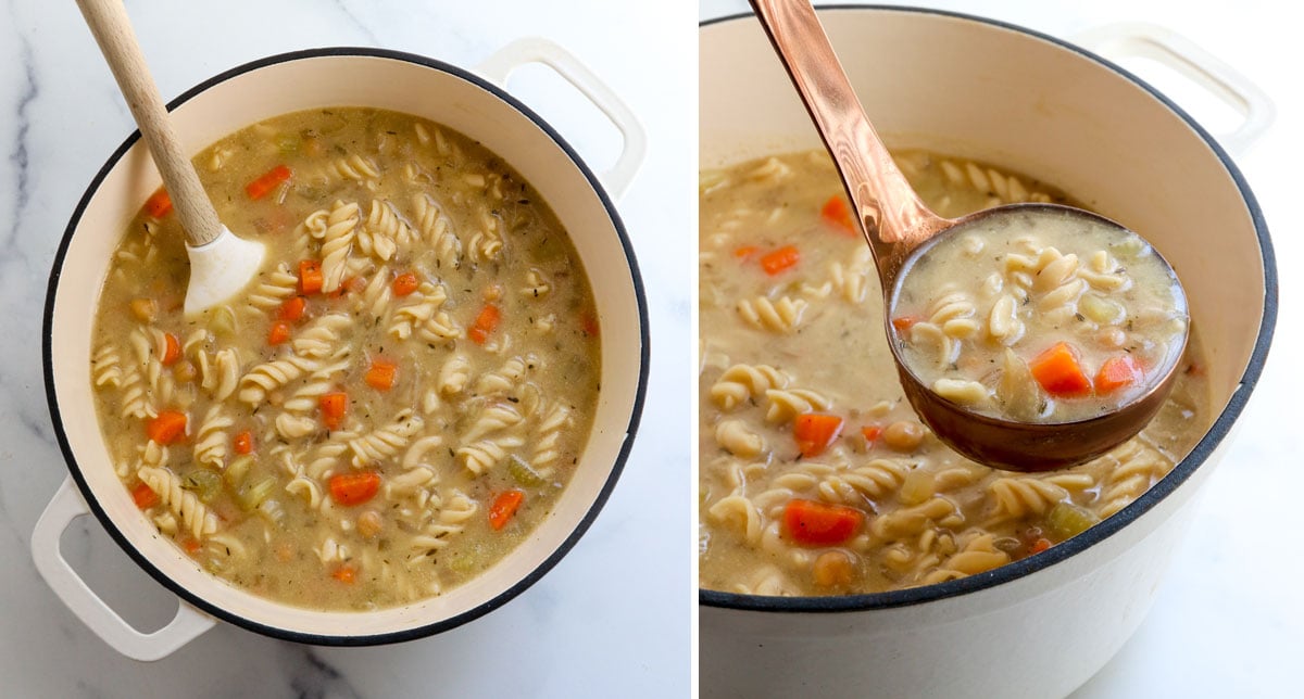 cooked soup scooped in ladle