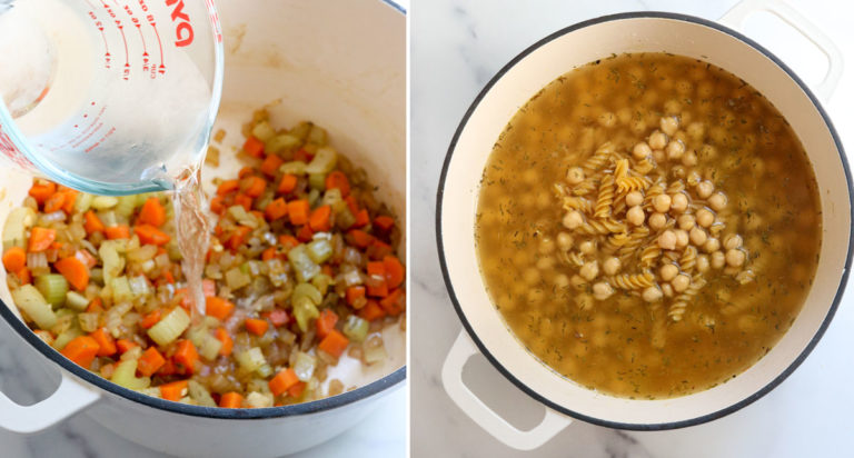water, noodles and chickpeas added to soup