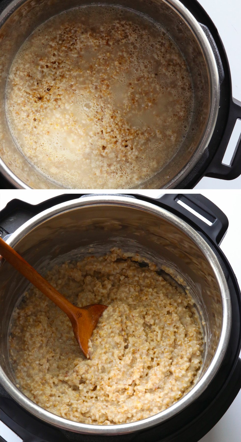 steel cut oats after cooking in the Instant pot and stirred with a spoon.