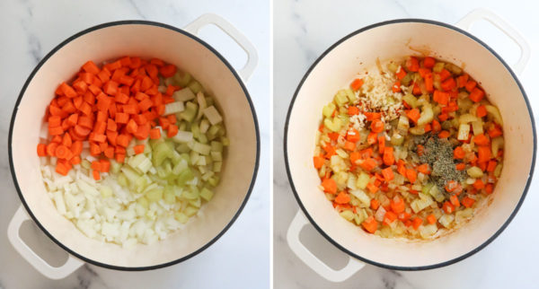 sauteed veggies and herbs in pot
