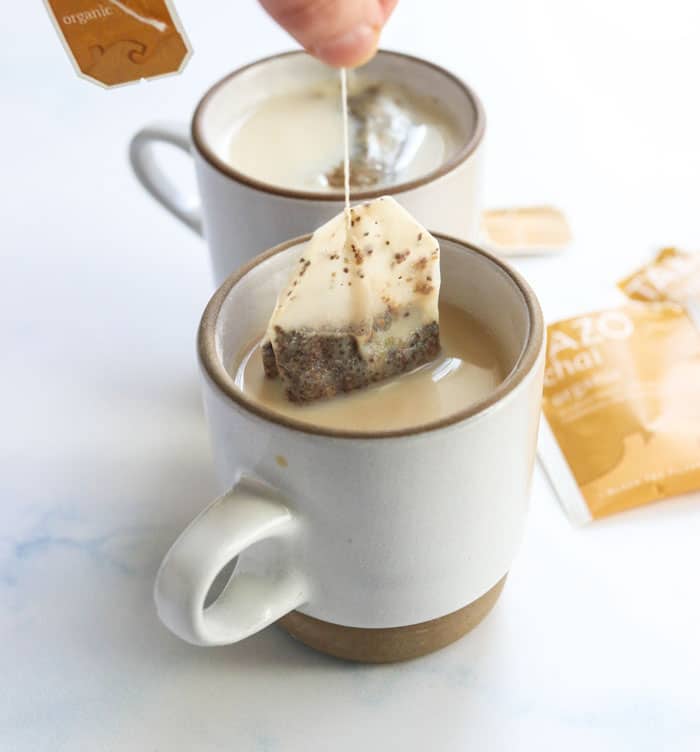 tea bag in a chai latte mug