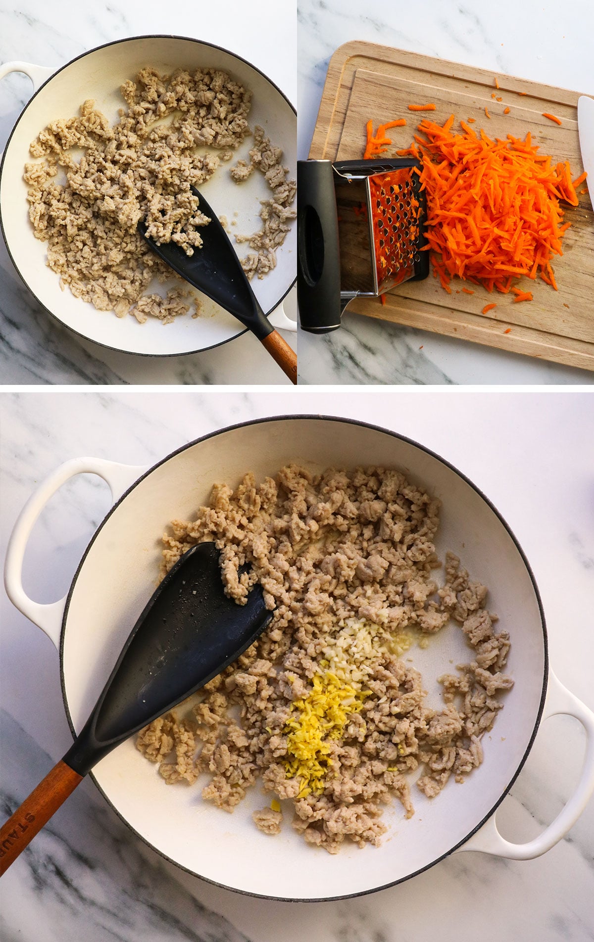 ground chicken cooked near shredded carrots in a white skillet. 