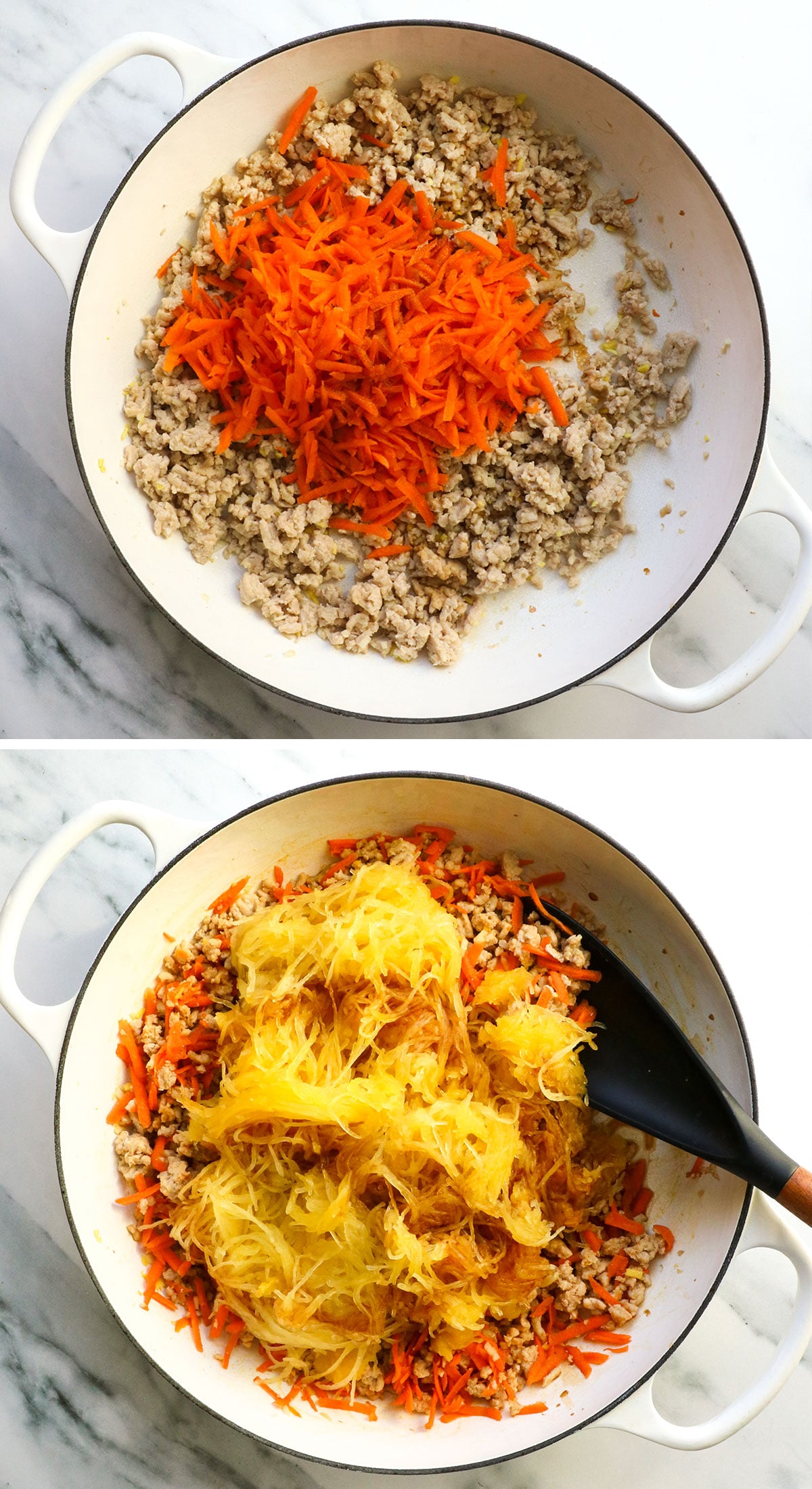 shredded carrot added to chicken and squash added to the pan. 