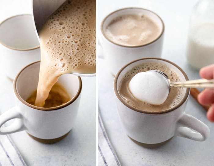 chai latte pouring into cup and topped with foam