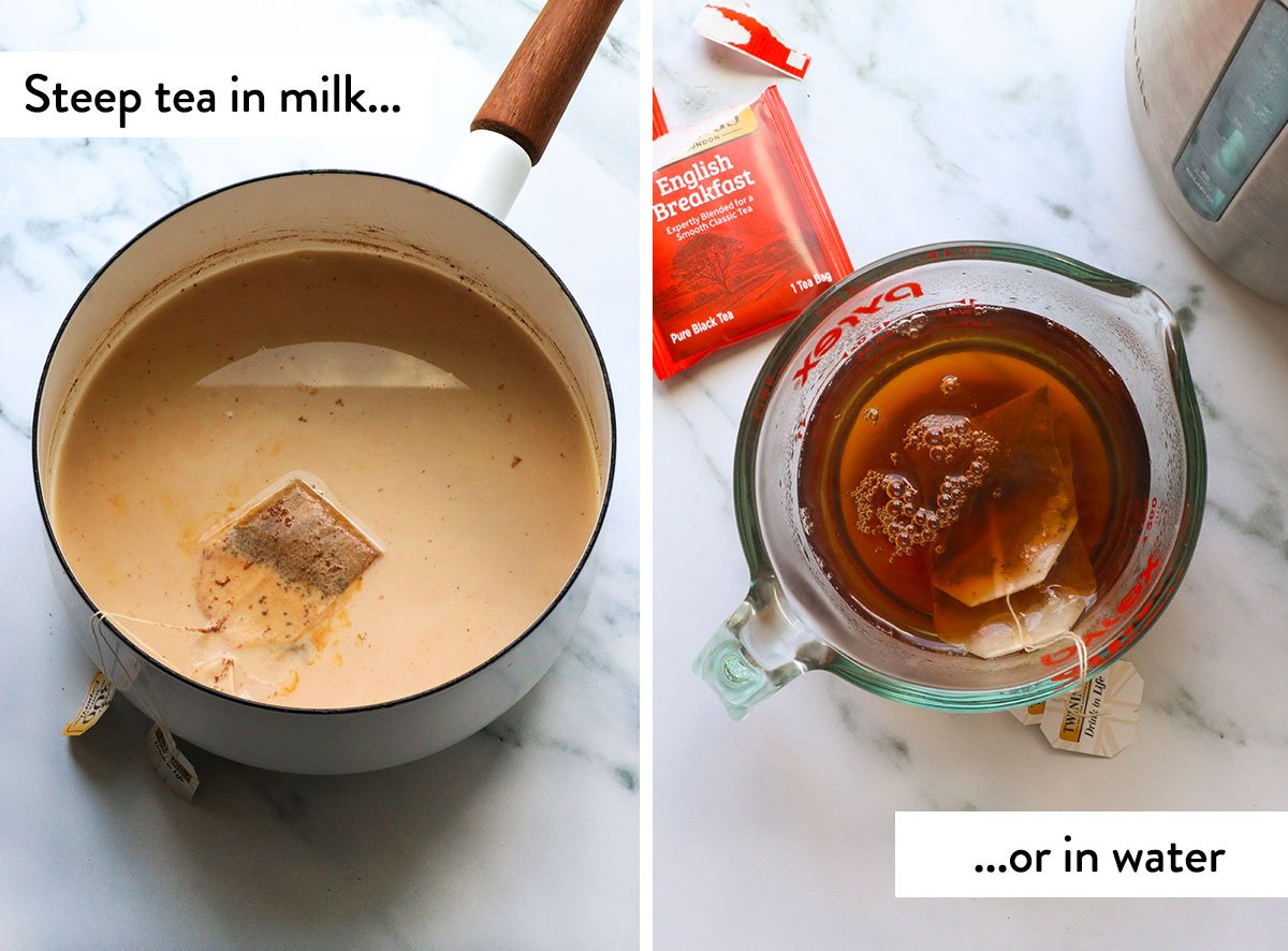 Dip the tea bags in a pot of milk or a cup of hot water.