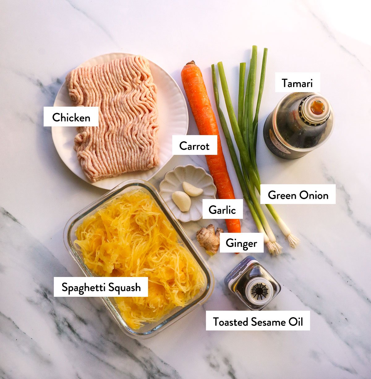 ground chicken, spaghetti squash, carrot, green onion, tamari, and garlic labeled. 