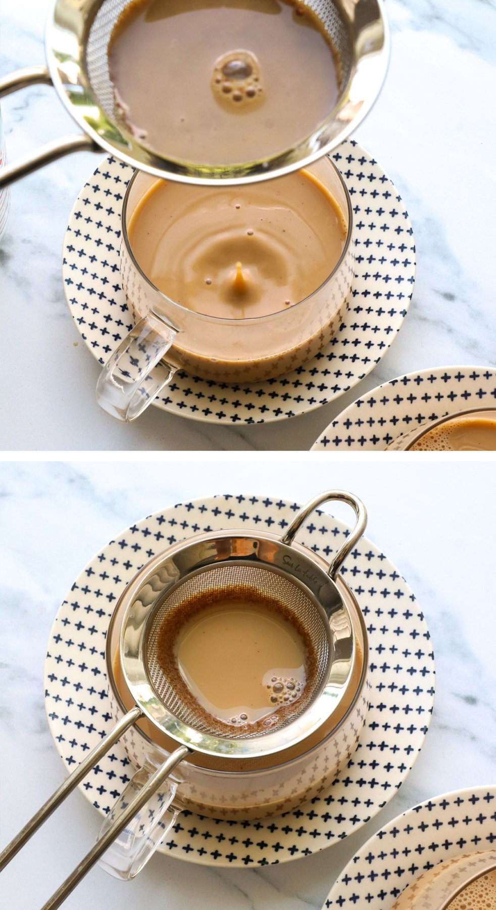 A fine mesh filter is used to capture extra chai spices above the cup.