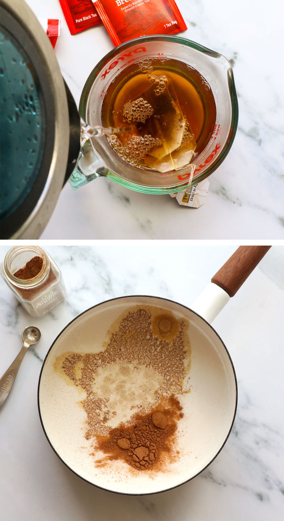 Tea is brewed in a pot with spices in water and milk.