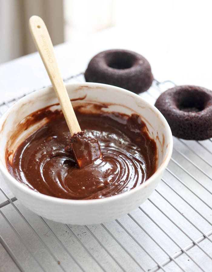 Gluten Free Donuts with Peanut Butter Chocolate Glaze in bowl