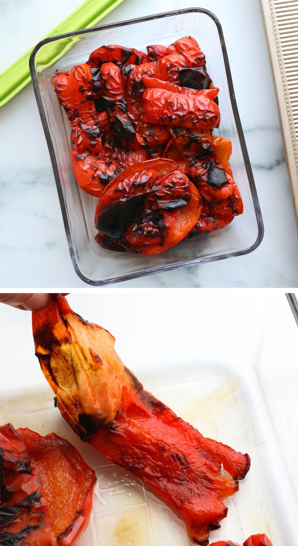 roasted red peppers in a glass storage jar and a skin peeling away. 