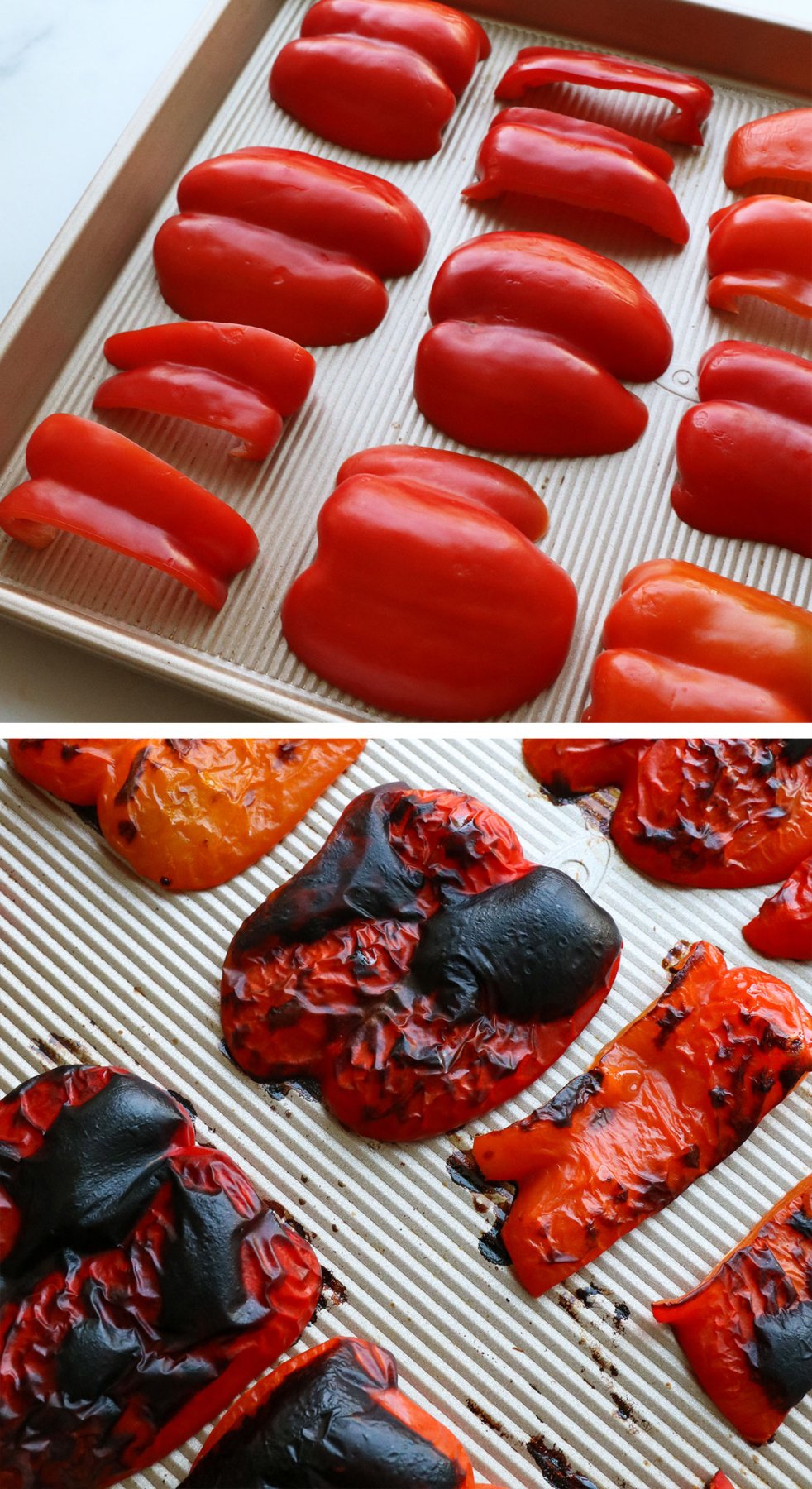 bell peppers before and after broiling on a pan. 