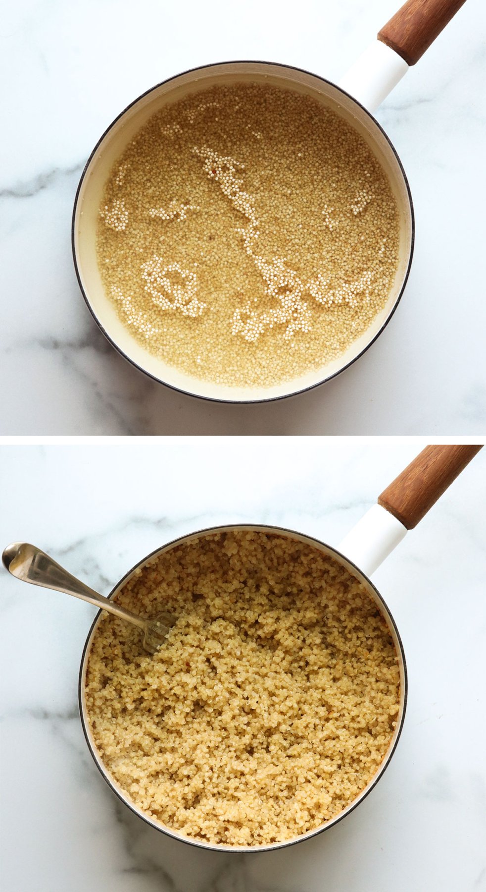 quinoa before and after cooking in a white saucepan.