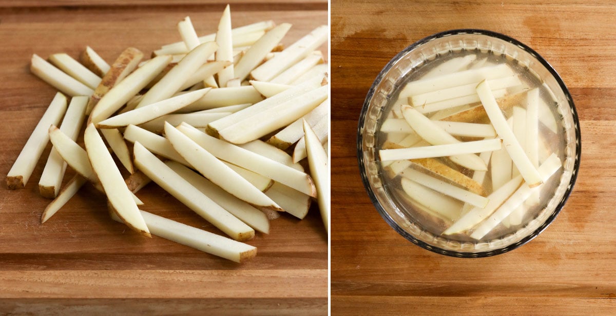 sliced potatoes soaking in water