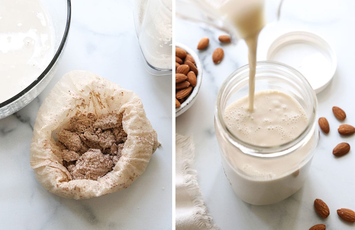 reserved almond pulp in bag and almond milk poured into glass jar.