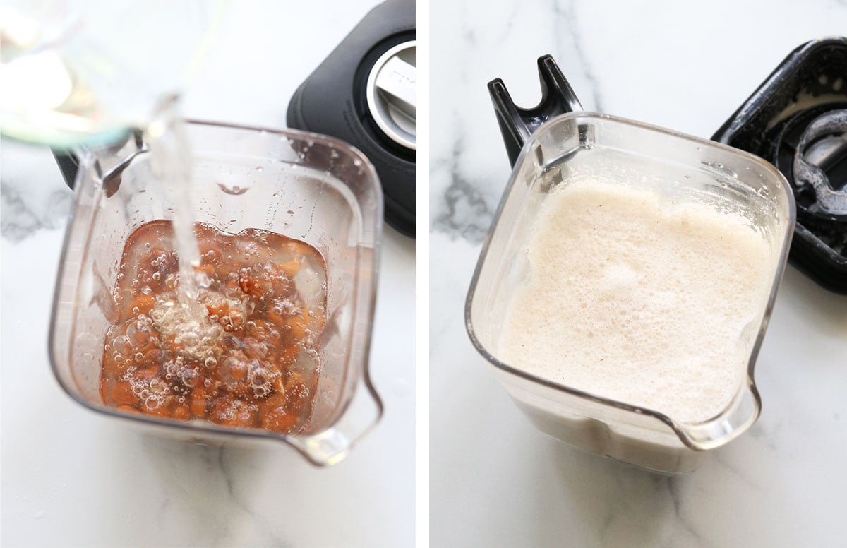 almonds in blender blended until creamy to make almond milk.