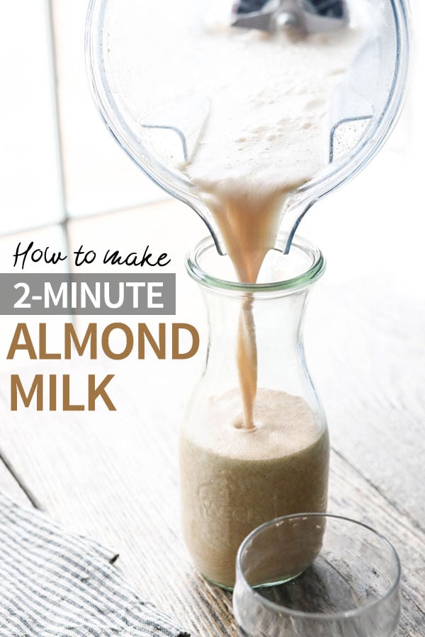 This fast & easy almond milk recipe is made with almond butter, water, and dates for a quick dairy-free milk that you don't have to strain. Use it for grain-free cereal, granola, chia pudding, smoothies and more! #almondmilk #paleo #vegan #dairyfree #healthyrecipe #easyrecipe