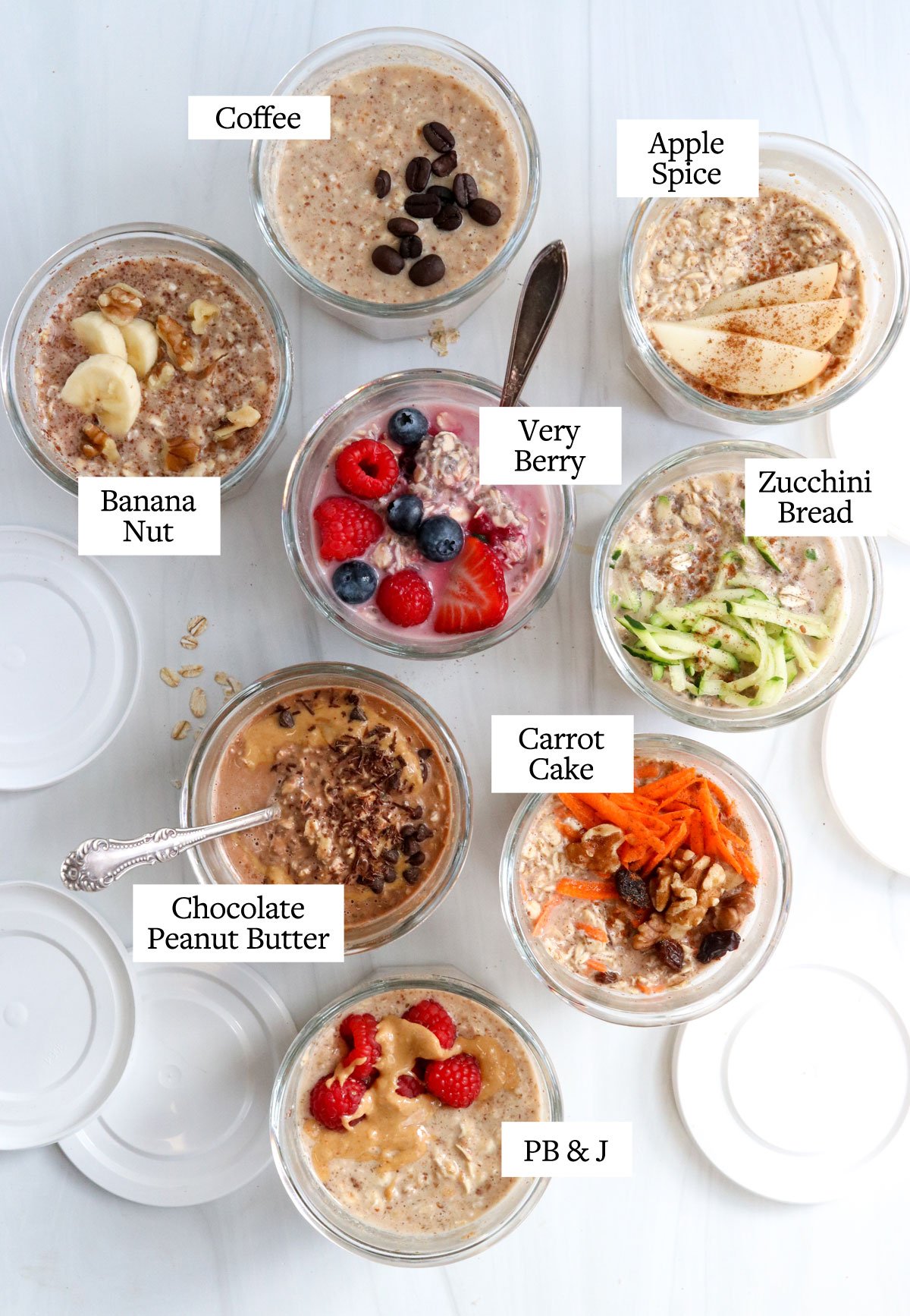 8 flavors of overnight oats in glass jars overhead