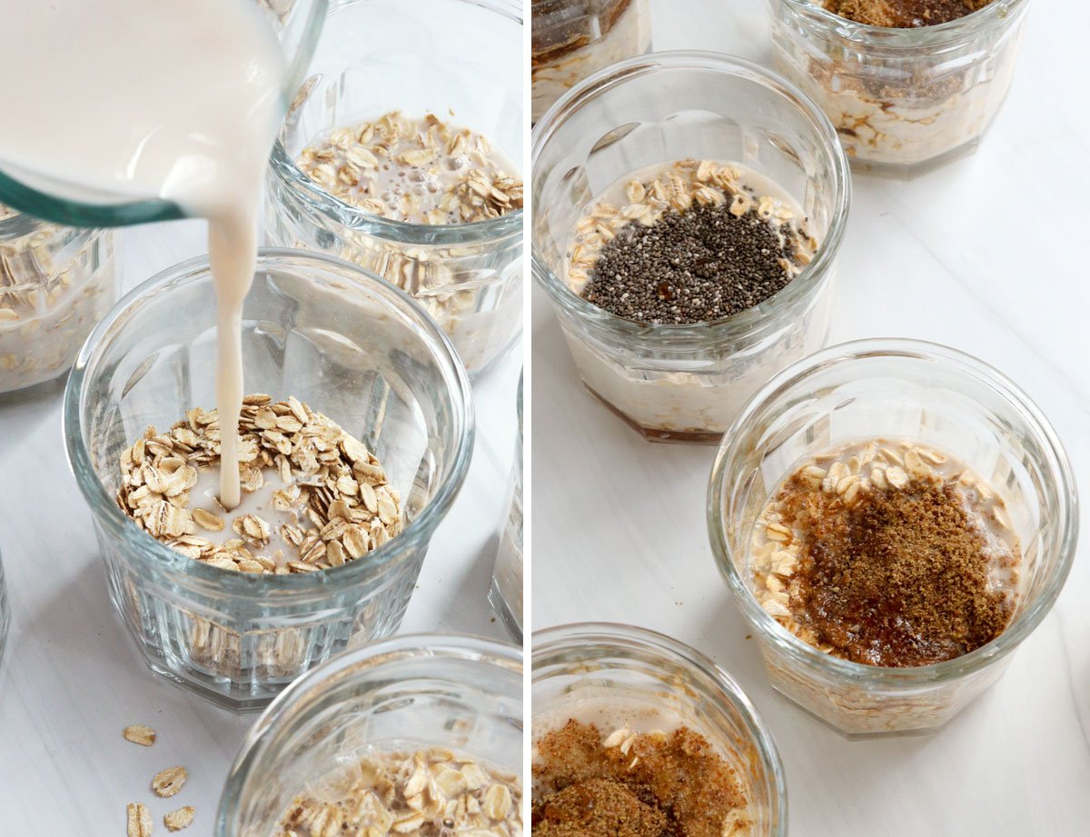 milk added to oats in glass jars with flax or chia seeds
