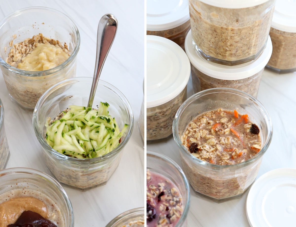 toppings added to overnight oats in storage jars