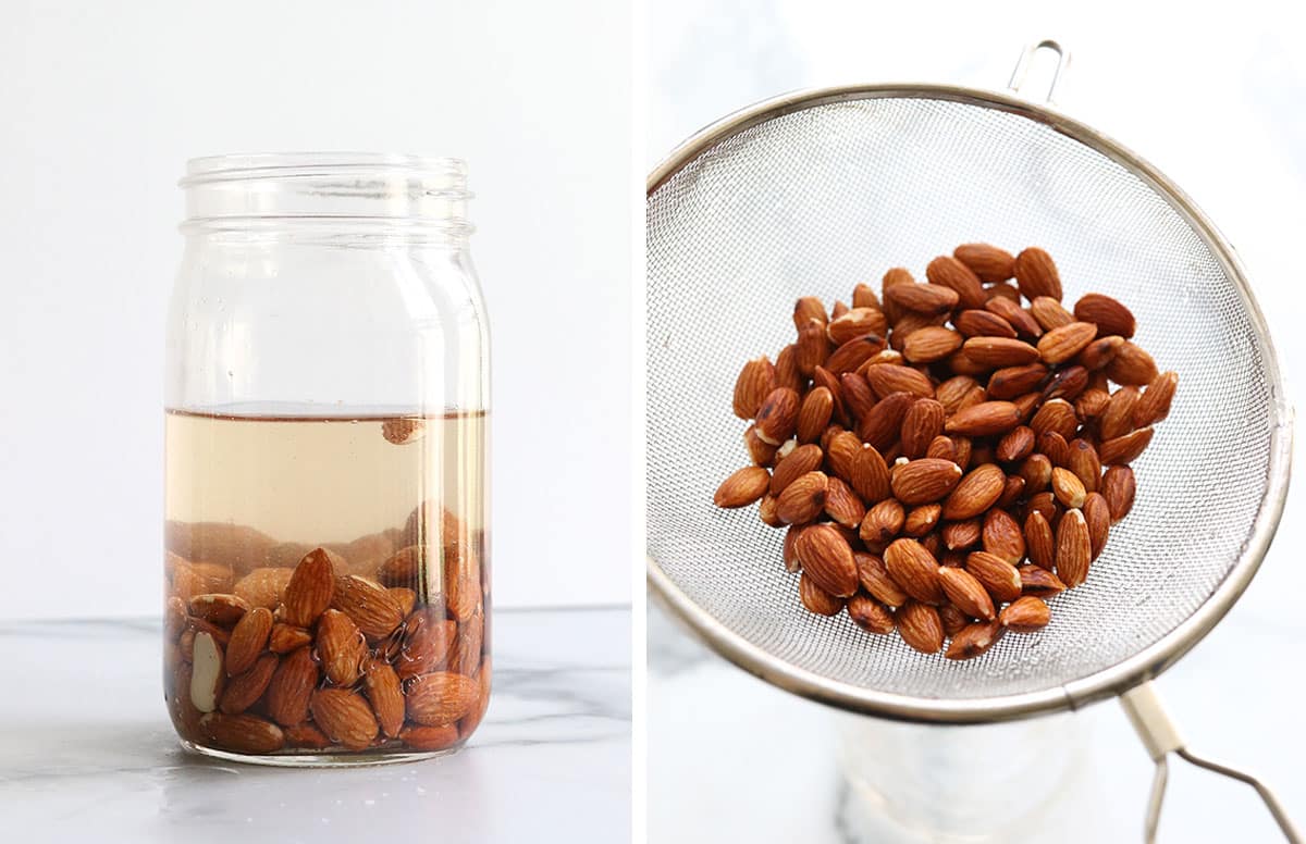 almonds soaked in water and drained through fine mesh strainer.