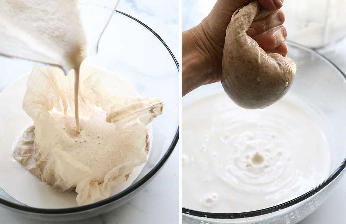 almond milk poured into nut milk bag and squeezed.