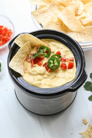 vegan queso dip with tortilla chips.