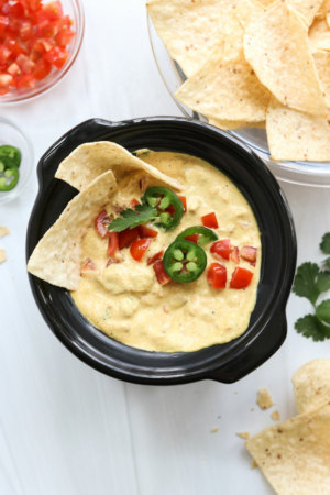 vegan queso with toppings and tortilla chips.