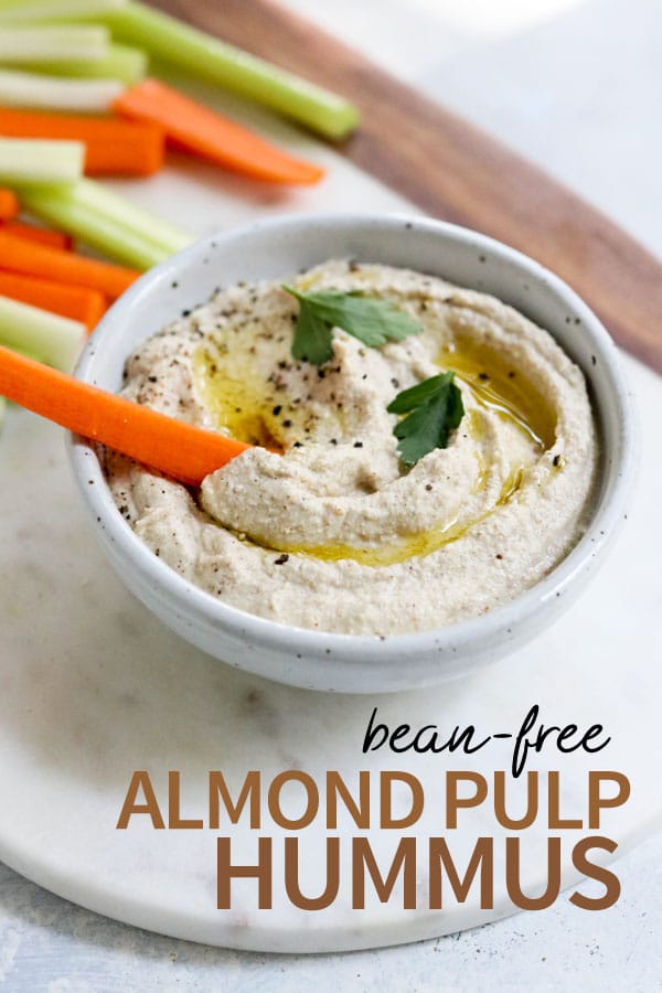 This easy hummus recipe is an easy way to use the almond pulp leftover from making homemade almond milk. It tastes just like the real thing, without beans! #almondmilk #almondpulp #vegan #dairyfree #grainfree #paleo #detox #recipe #healthy #weightloss
