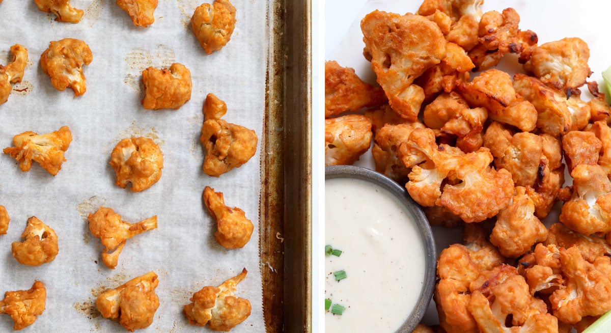 finished buffalo cauliflower baked on pan and served.