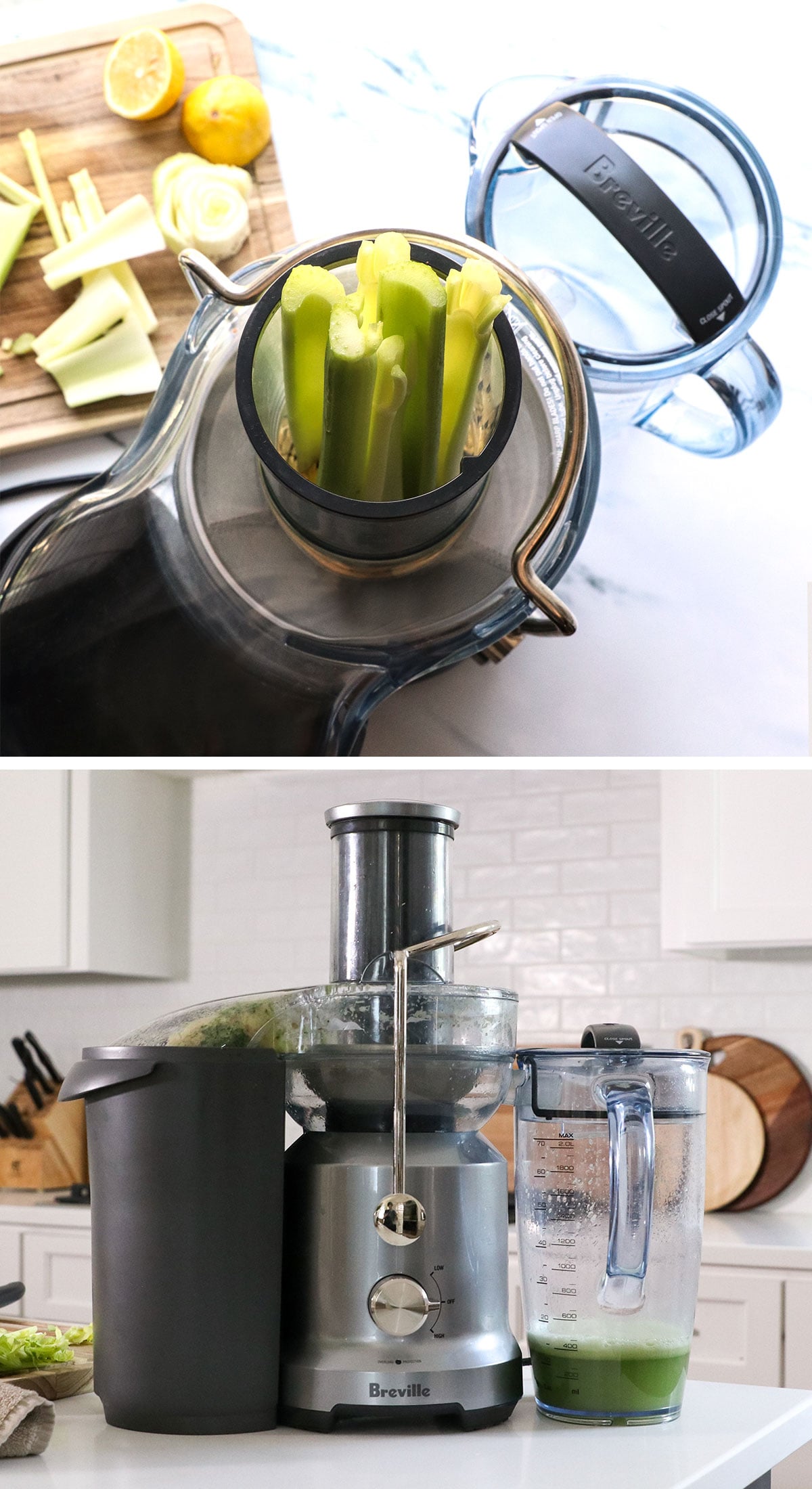 celery in juicer chute and juiced into a pitcher.
