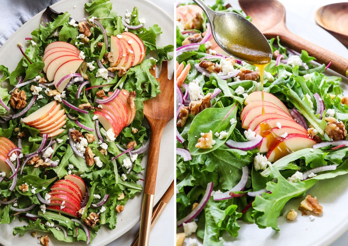 cheese, walnuts and dressing added to the salad.