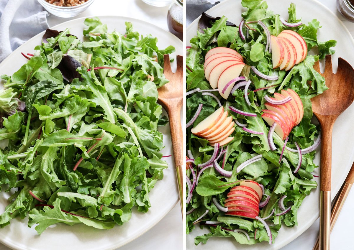 greens, sliced apples, and red onion added to large serving platter.
