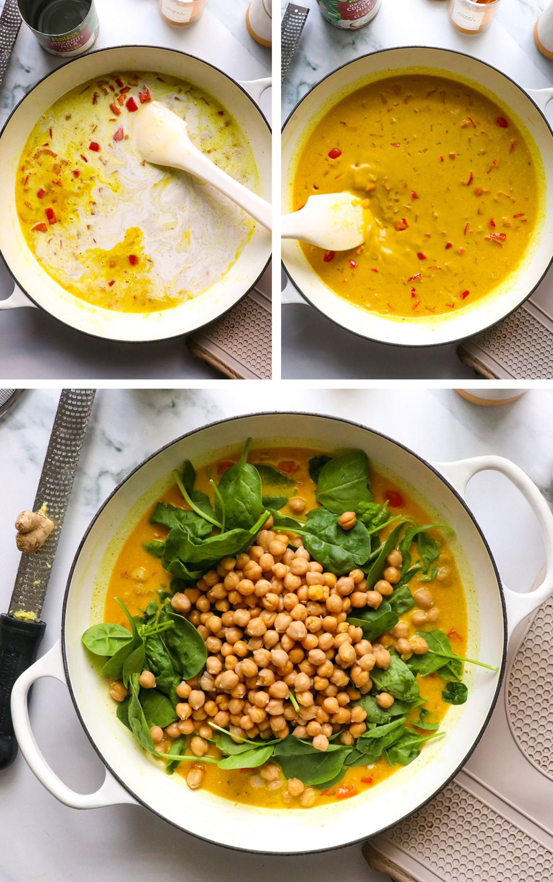 coconut milk added to pan with chickpeas and spinach.