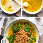 coconut milk added to pan with chickpeas and spinach.