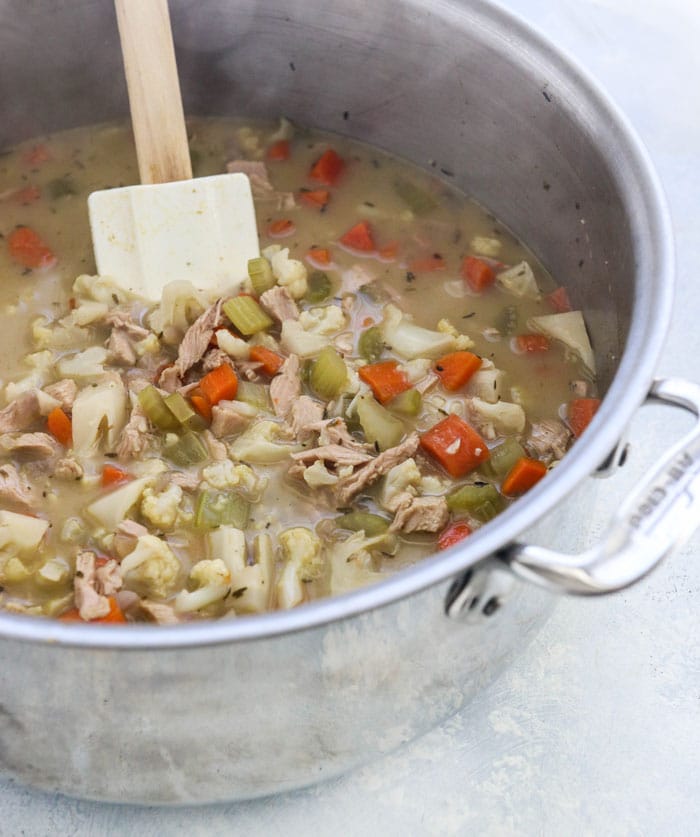 leftover turkey soup in a pot