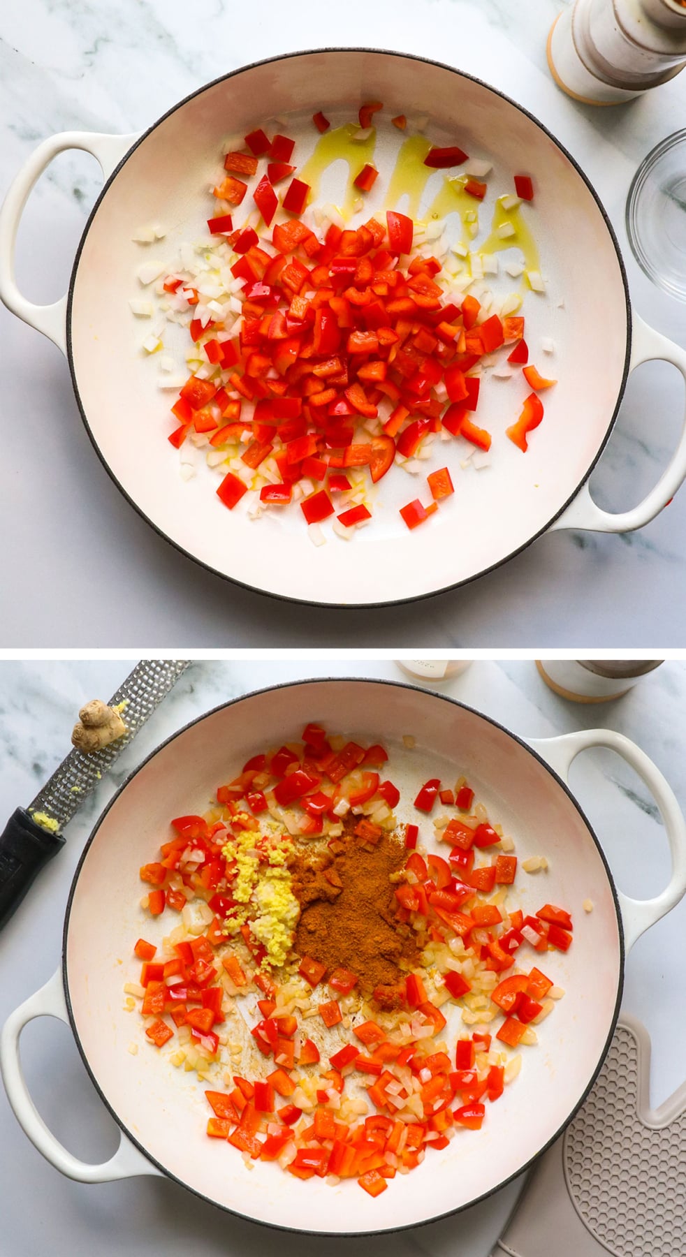 bell pepper and onion cooked with garlic, ginger, and curry powder.